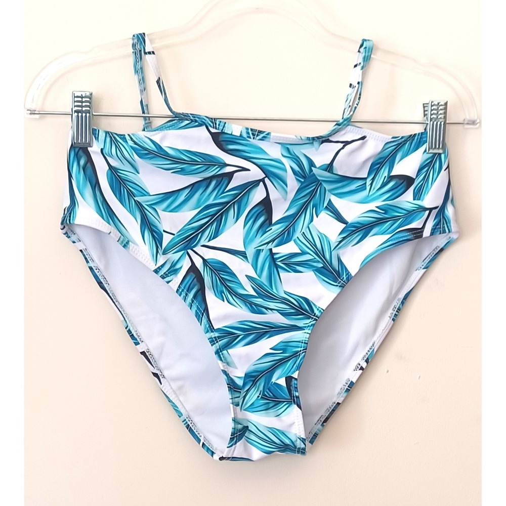 Bikini Swim Bottoms Women Medium Teal Blue Tropical Leaf High Rise Beach Island